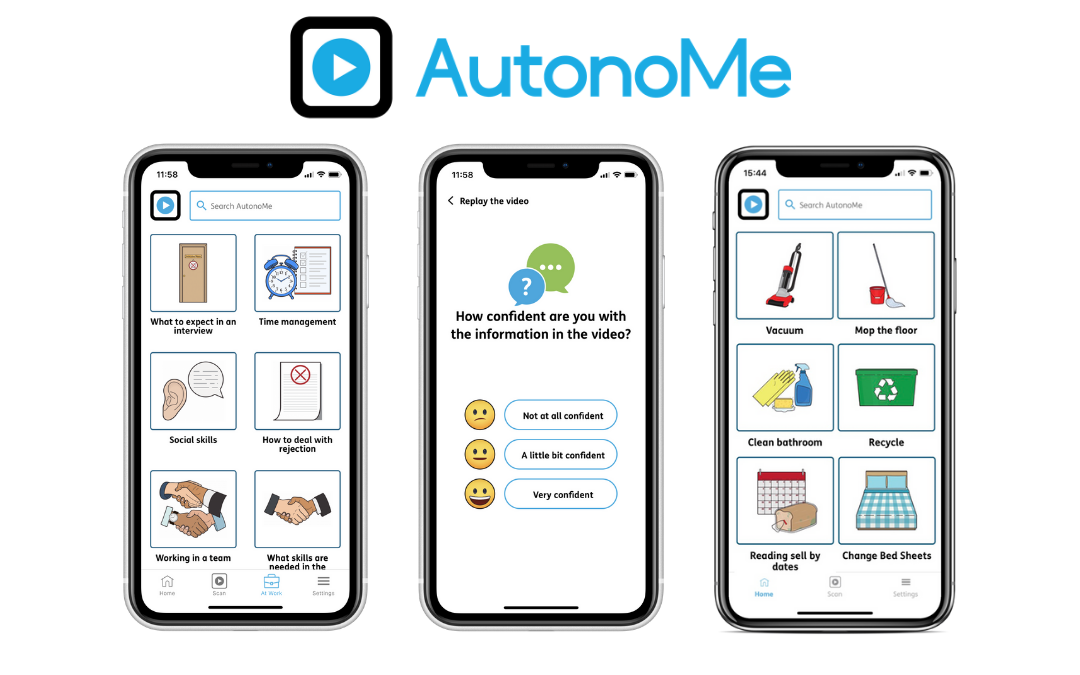 three autonome app screenshots in iPhone frames - far left is skills and activities, middle is feedback on your own confidents with these tasks, far right is household chores. Autonome Logo at the top