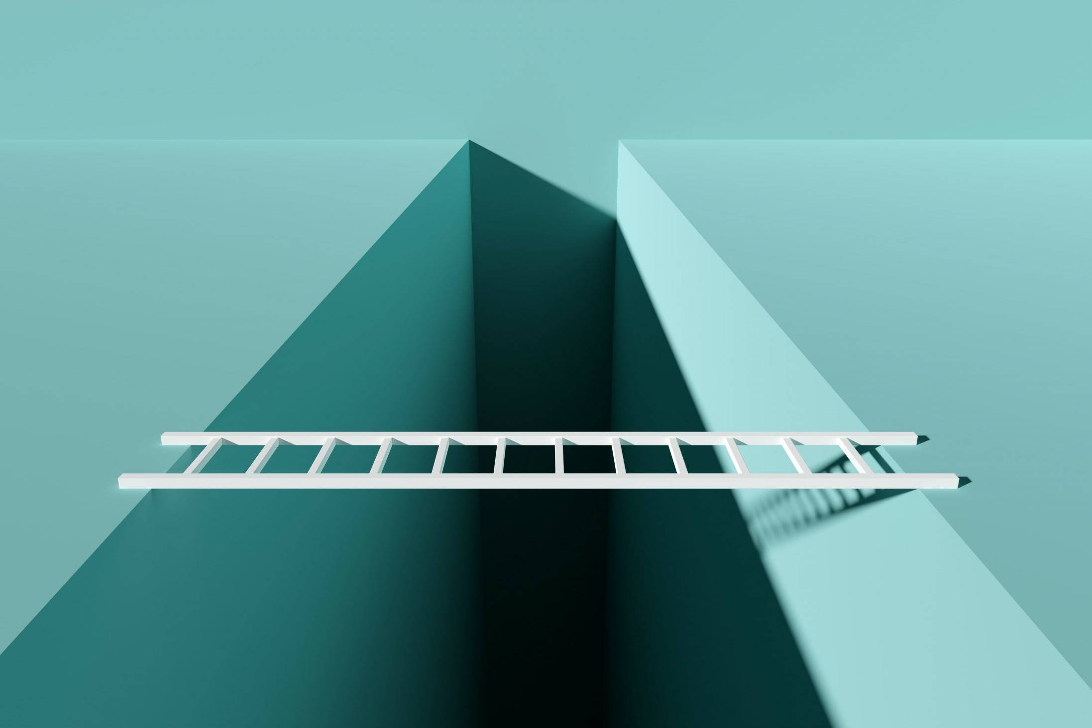 White ladder bridging gap in the floor, modern minimal business sucess, achievement or obstacle concept, 3D illustration