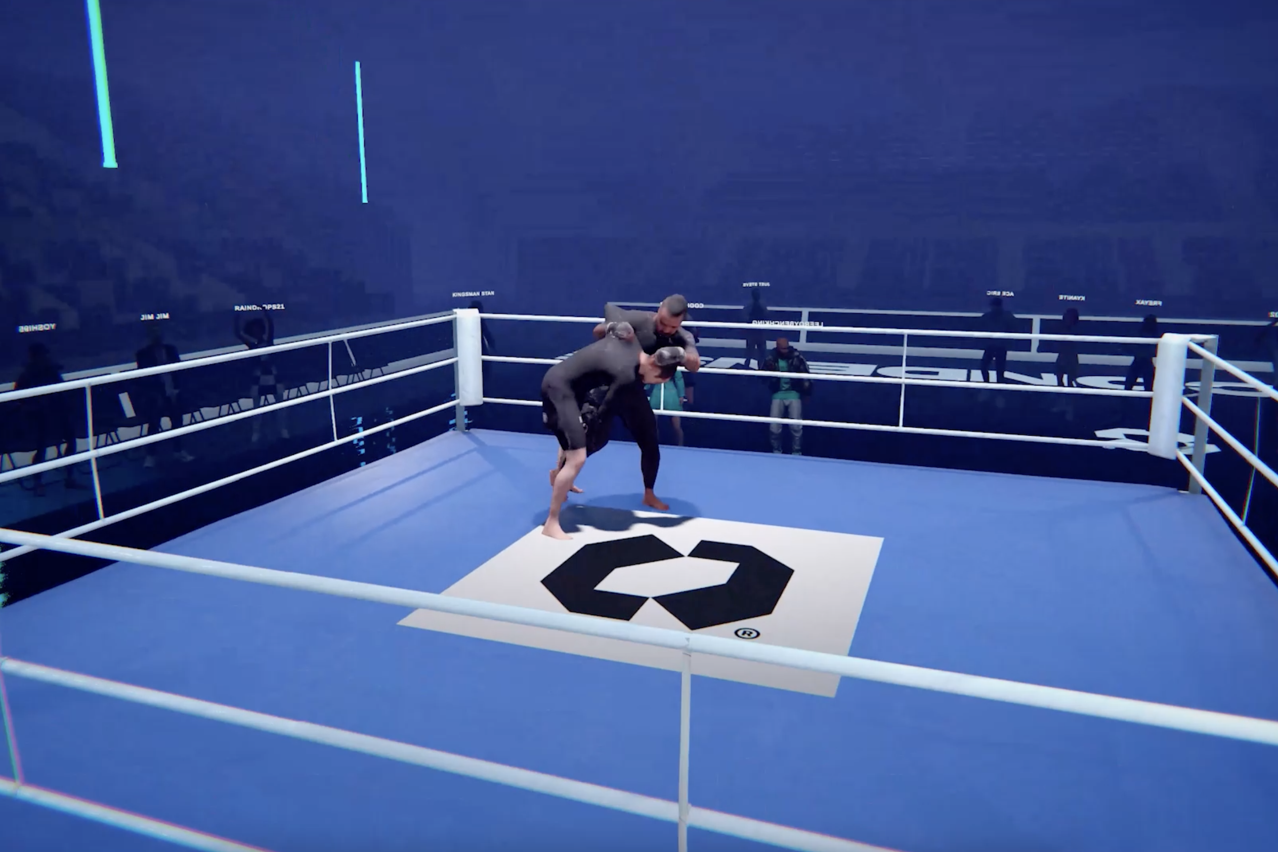 A screenshot from the metaverse studio that Condense has built. There is a blue boxing ring with two people in the middle boxing, an example of the sports technlology the team wants to explore