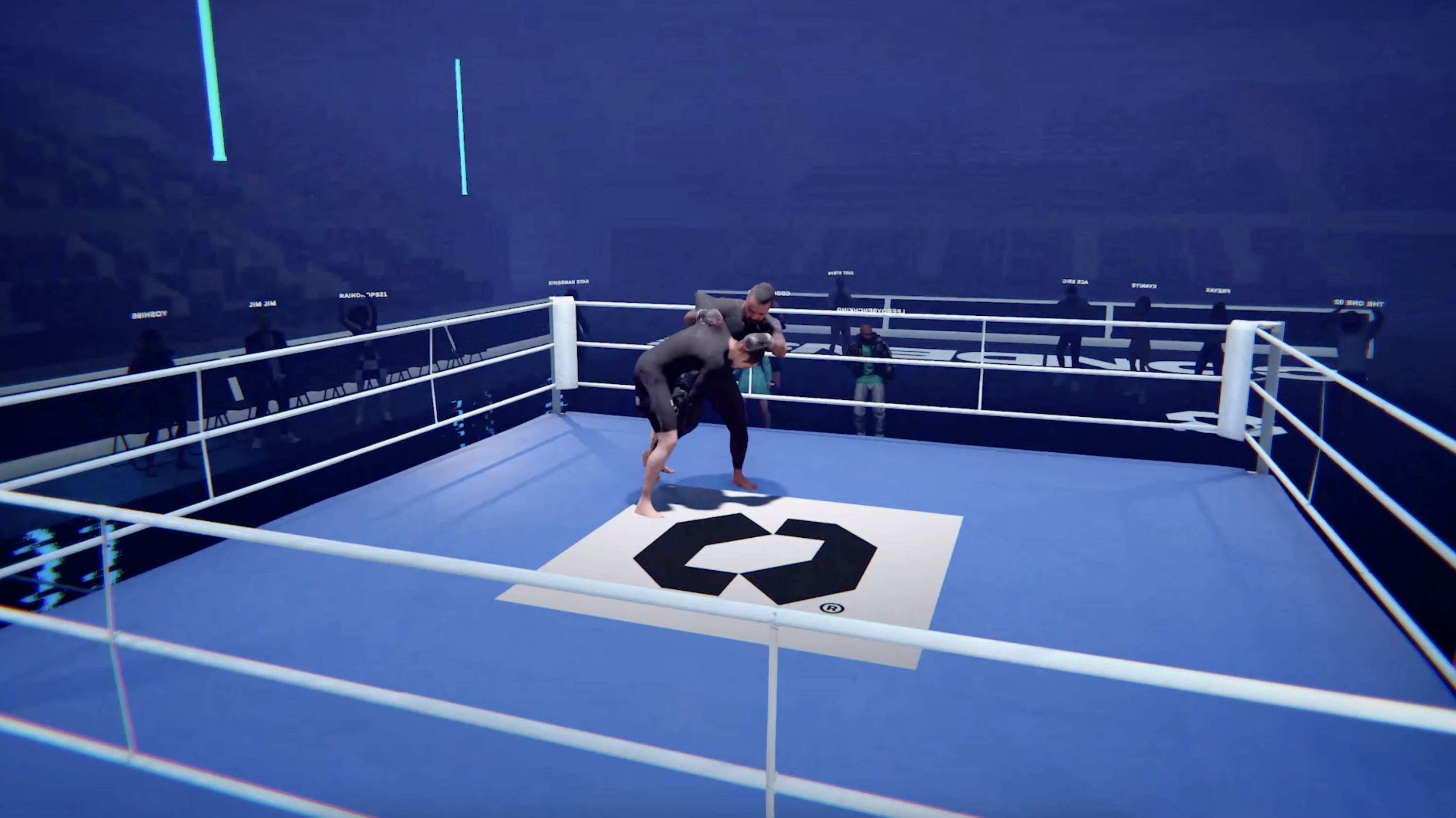A screenshot from the metaverse studio that Condense has built. There is a blue boxing ring with two people in the middle boxing, an example of the sports technlology the team wants to explore